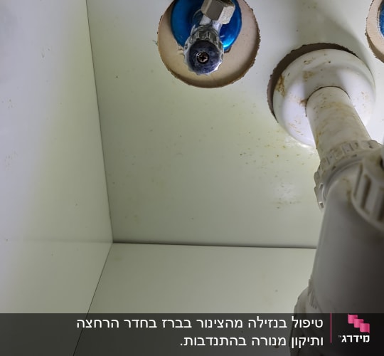 צינור מתכת מחובר לשסתום מתחת לכיור